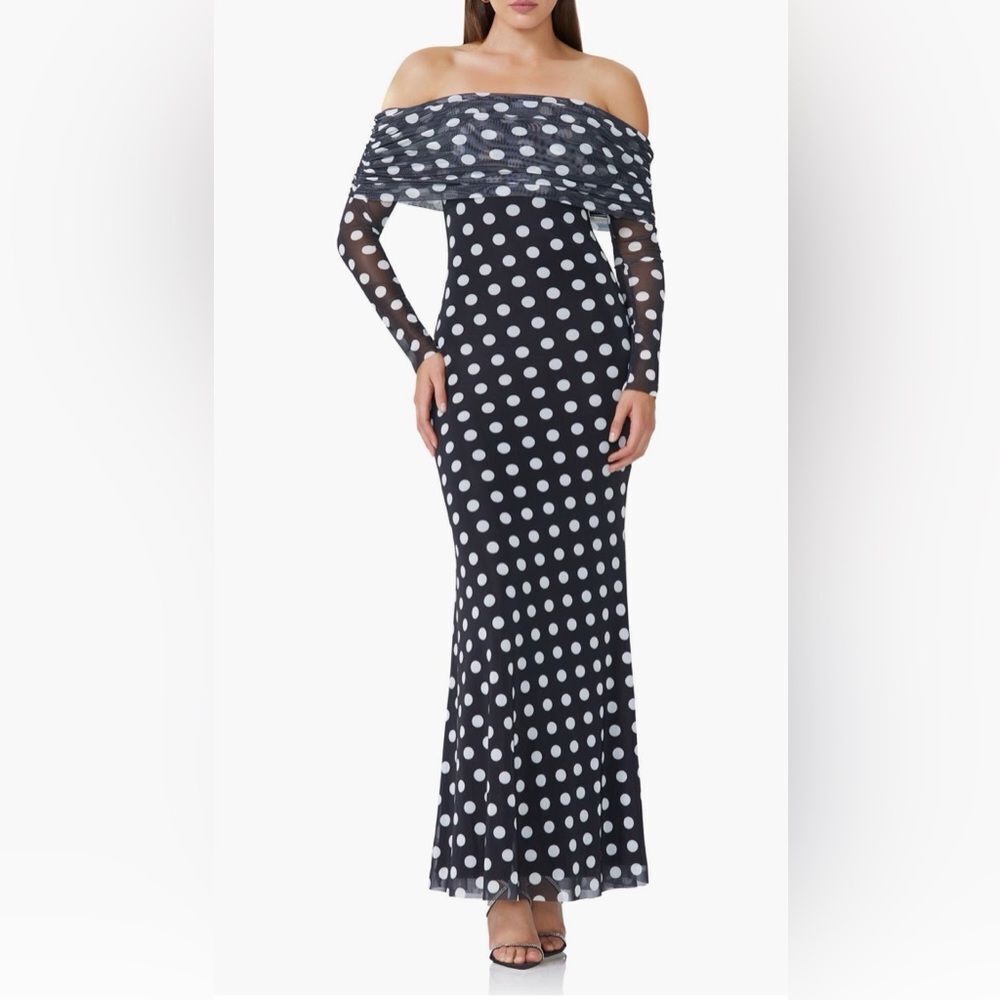 AFRM Thelma Off - the - Shoulder Black and White Polka Dot Maxi Dress